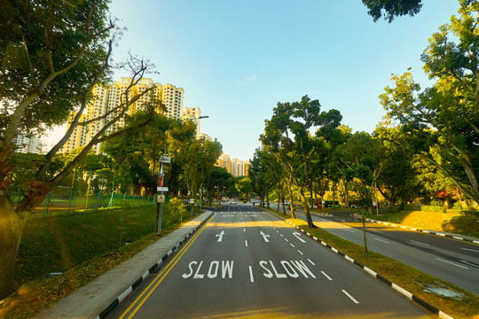 双层巴士上层往外看的城市街景