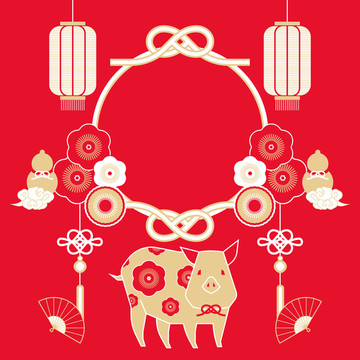 中国新年边框与小猪元素
