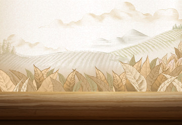 刻蝕風(fēng)格的茶園景色與寫實(shí)木桌