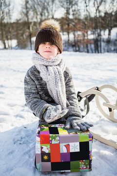 可爱的男孩在雪天拿着礼物
