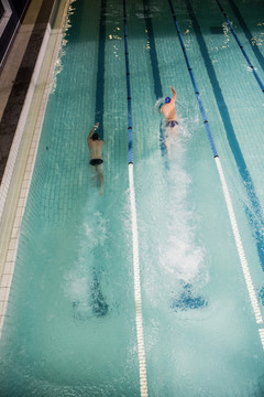 三个游泳运动员在游泳池里游泳