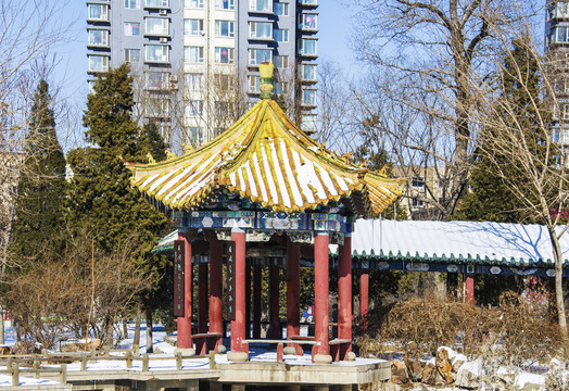 鞍山孟泰公园长廊凉亭雪景