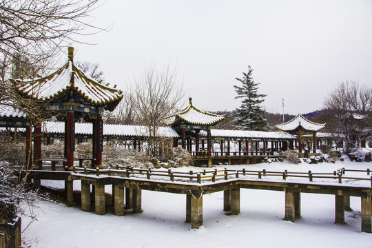 鞍山孟泰公园长廓凉亭与石桥雪景