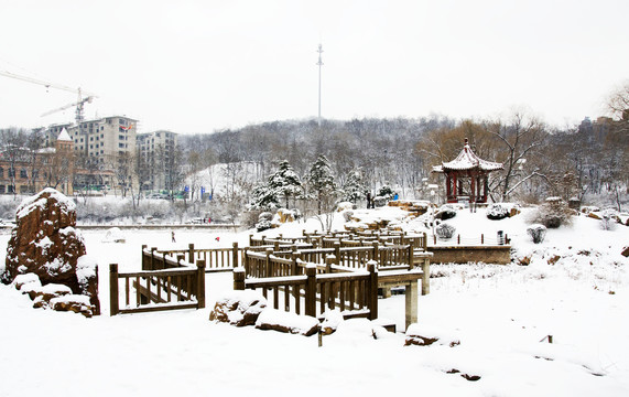 鞍山孟泰公园孤岛凉亭石桥雪景