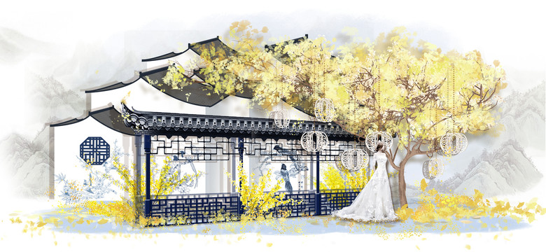 青花瓷新中式拍照婚礼设计淡雅