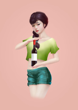 拿紅酒的少女