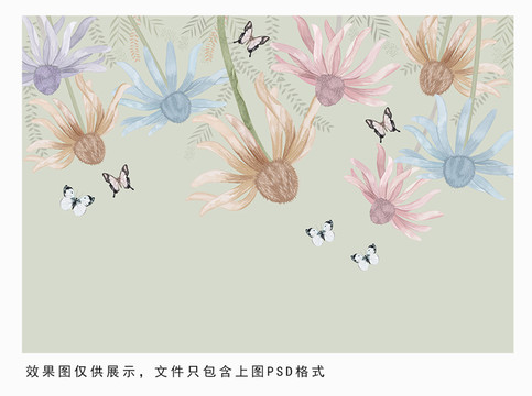 手绘植物壁画北欧背景墙清新壁画