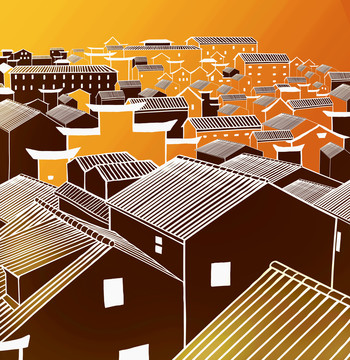 新中式創(chuàng)意線描小鎮(zhèn)建筑壁畫
