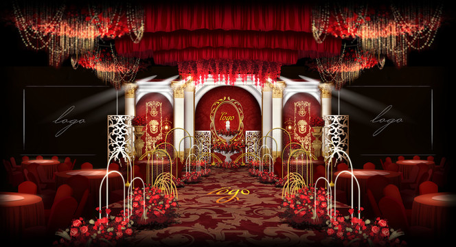歐式宮殿拱門紅白婚禮效果圖