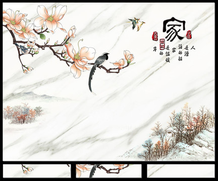 白色大理石纹花鸟新中式背景墙
