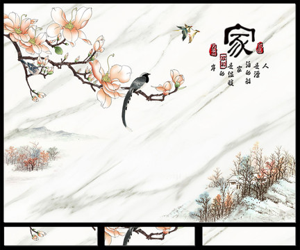 白色大理石紋花鳥新中式背景墻