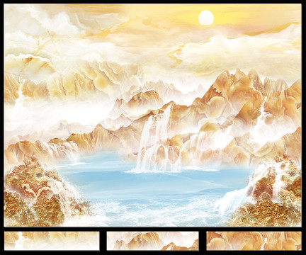 流水生財高溫大理石紋山水背景墻