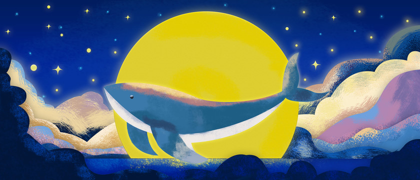 月下的鲸鱼手绘插画