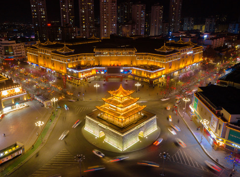 航拍酒泉鼓楼夜景