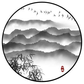 水墨山水圓形裝飾畫