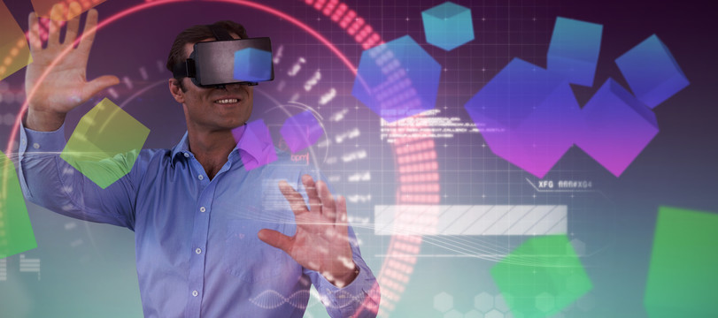 科技光感背景下用VR頭顯的人