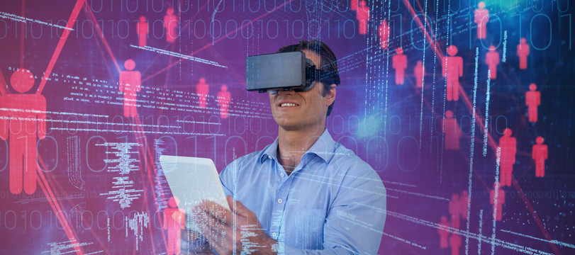 科技光感背景下用VR頭顯的人