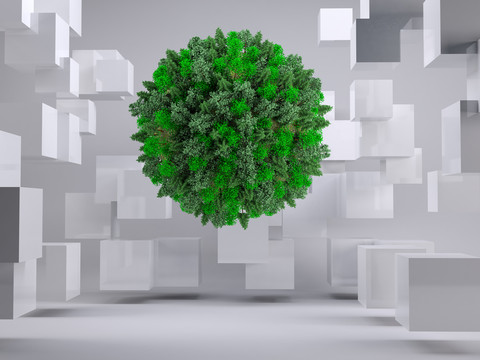 绿色天然球漂浮在立方体之间