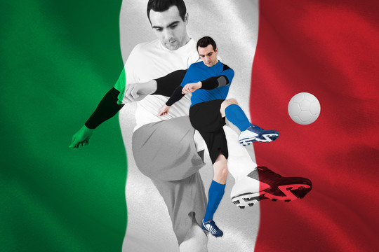 蓝色足球运动员与意大利国旗比赛