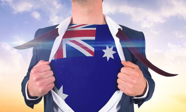 商人打开衬衫展示澳大利亚国旗