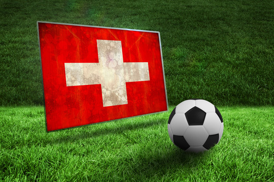草地上黑白足球与瑞士国旗