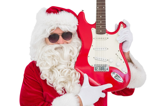 酷圣诞老人展示白底电吉他