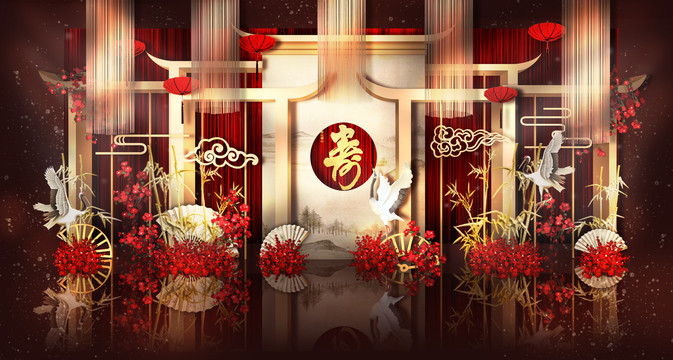 紅白色中式婚禮合影區(qū)