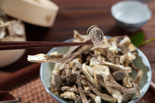 筷子夹鹿茸菇特写