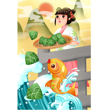 中國風端午節(jié)少女祭屈原插畫