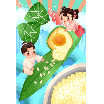 中国风端午节包粽子插画