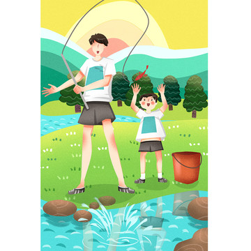 小清新父親節(jié)父子釣魚插畫