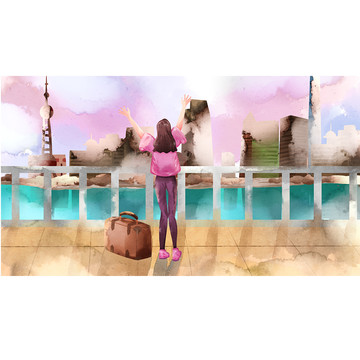 水彩風(fēng)格女孩旅游插畫