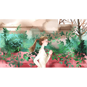 水彩風格女孩跑步插畫