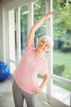 老年妇女在家用健身球锻炼