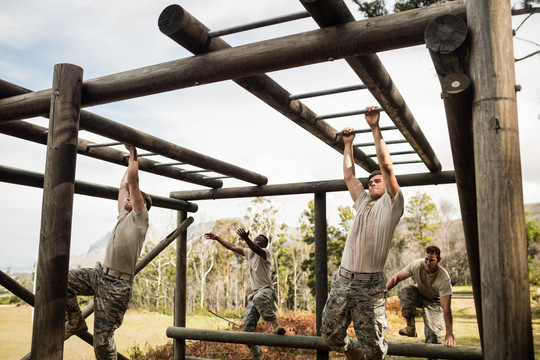 士兵们在新兵训练营爬猴栏