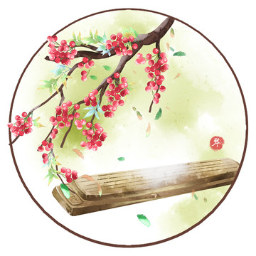 水彩風(fēng)格古琴插畫