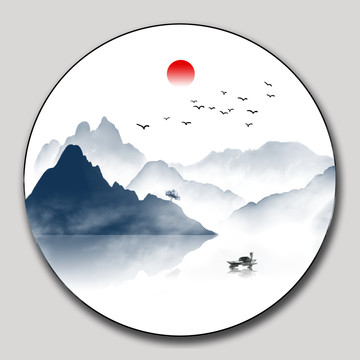 圓形水墨山水