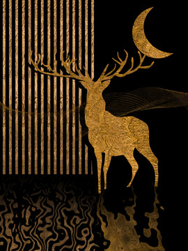 北欧轻奢抽象金线金鹿倒影壁画