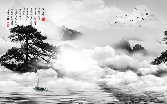 高清禪意山水迎客松