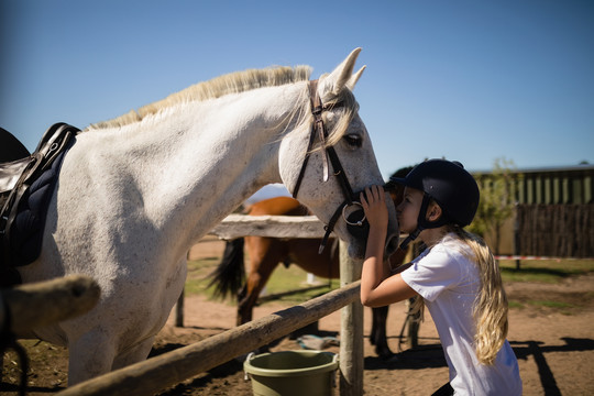女孩在牧场亲吻白马