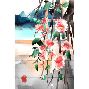 水彩风格中国古代风景植物插画