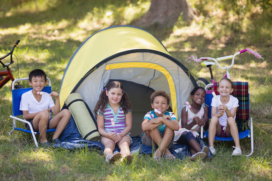 露营地帐篷外快乐儿童的画像