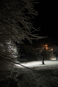 滑雪者在下雪的阿尔卑斯山滑雪