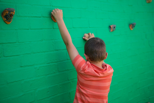 小学男生爬绿墙后视图