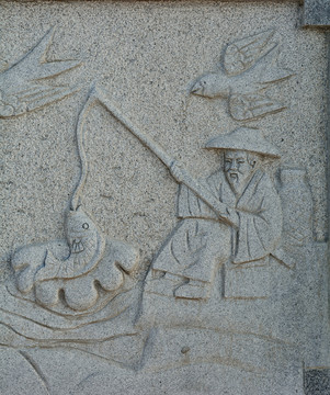 古代人钓鱼浮雕