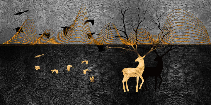 北欧现代金鹿飞鸟抽象金线壁画