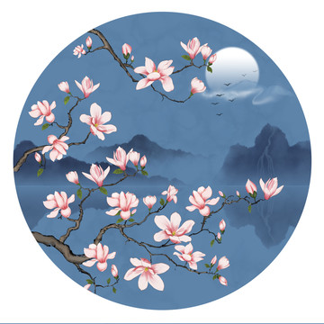 玉蘭花鳥圓形