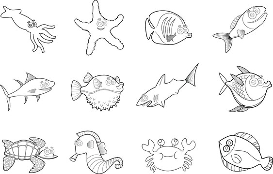 海底世界的各类鱼手绘线稿矢线稿
