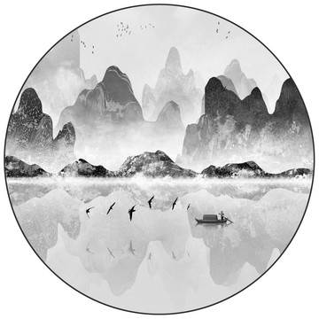 圓形水墨山水裝飾畫