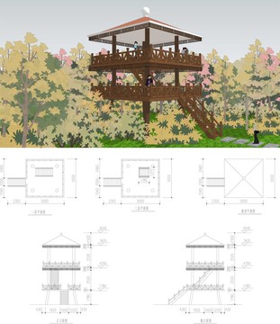 景观木结构瞭望塔含CAD和模型